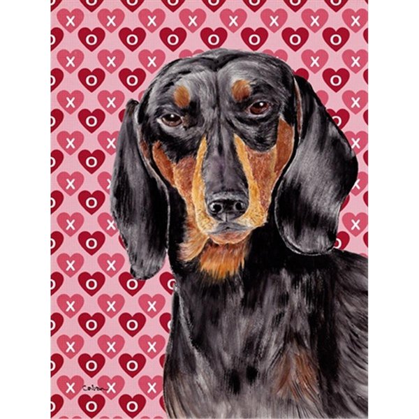 Patioplus 15 x 15 In. Dachshund Black Tan Hearts Love Valentines Day Flag; Garden Size PA246724